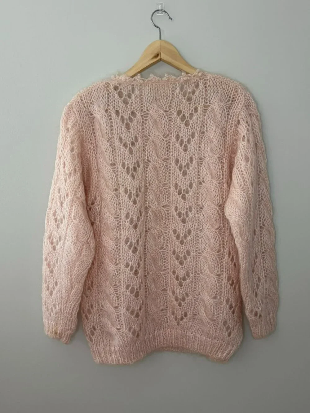 From Iris Pink Chunky Cable Knit Sweater Openwork Lace Mohair Style Oversized